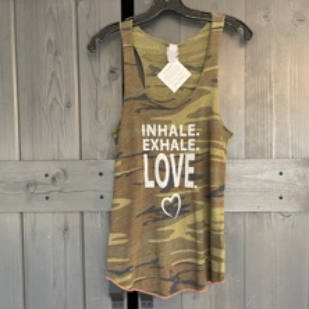 Inhale.Exhale.Love. Camo Racer Back Tank